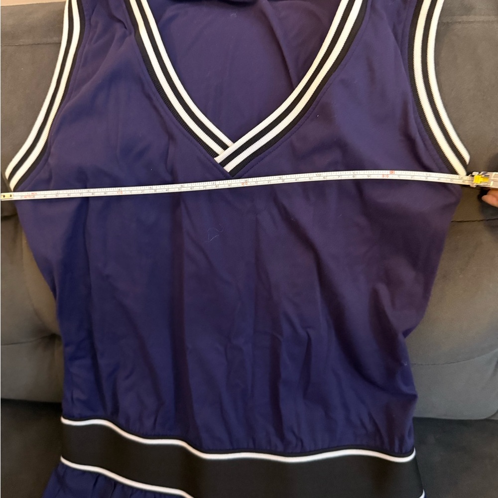 Navy Blue Sleeveless Dress with White Trim